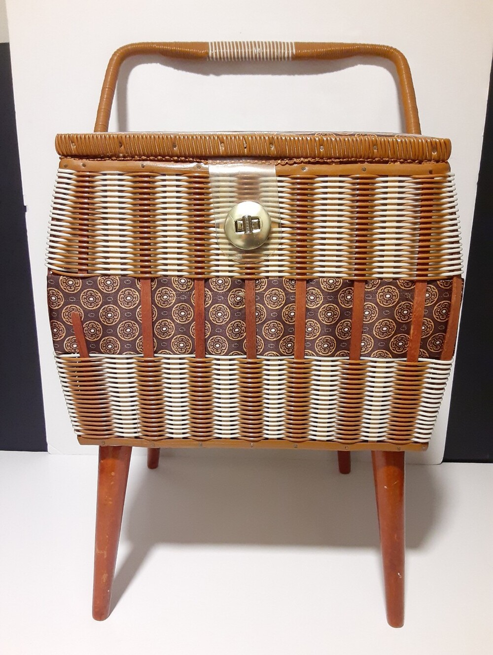 Vintage Eaton's Woven Sewing Basket on Legs Mid Century MCM
